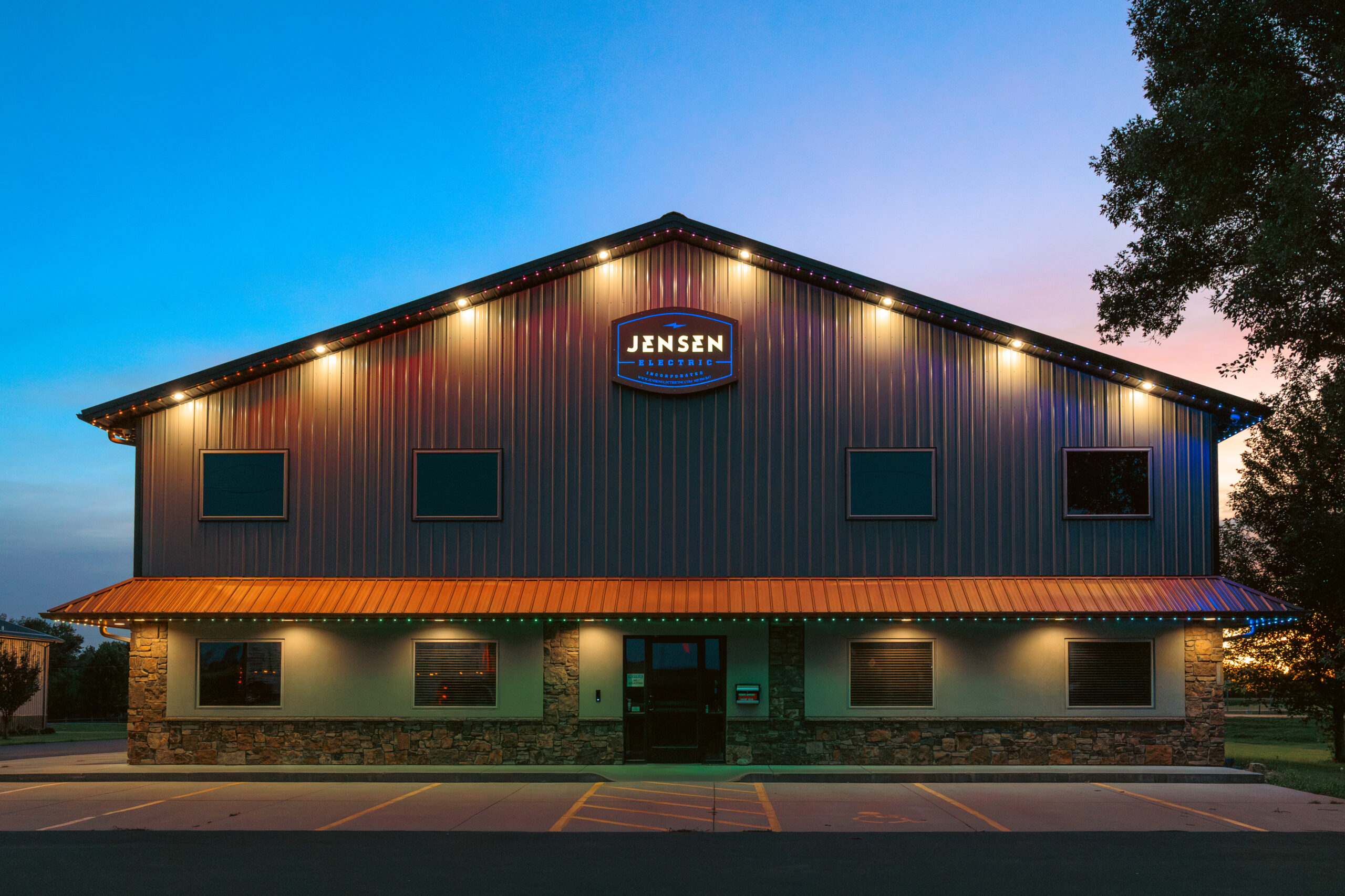 Showcasing Gemstone Lights on the Jensen Electric office building