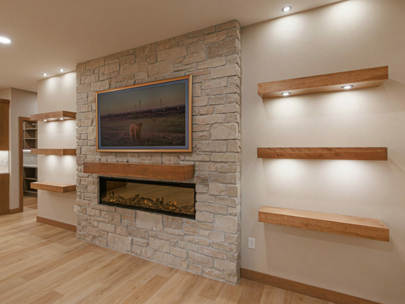 Floating Shelves with recessed lighting on either side of electric fireplace and picture frame tv.