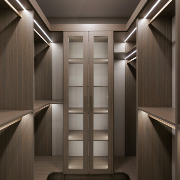 Sleek shelving lights in master walk in closet